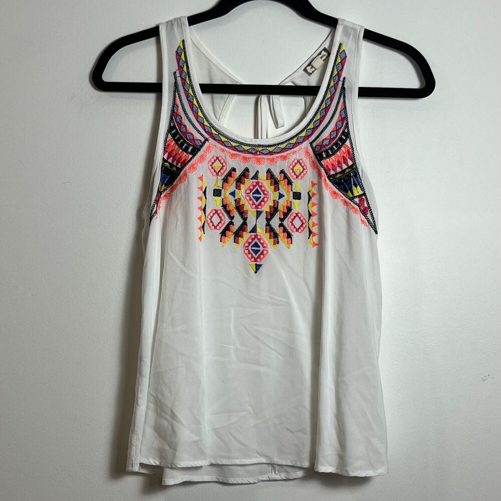 Eyeshadow White Embroidered Tie Back Tank Top Small Neon Geometric Boho Blouse